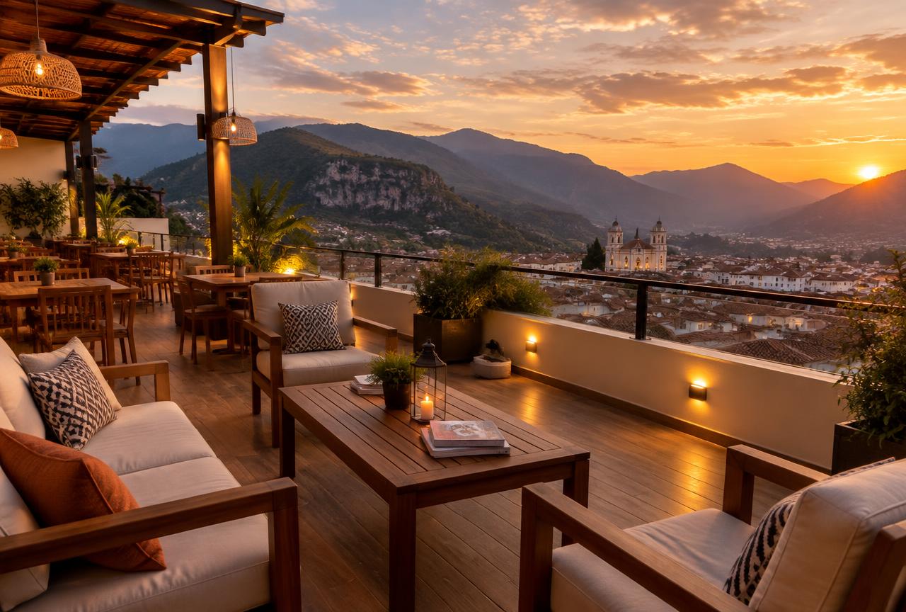 Rooftop Guerrero de las Nubes del Hotel Chachapoyas al atardecer